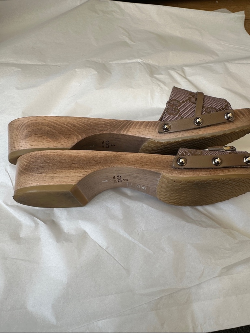 Gucci Taupe Monogram Canvas Horsebit Wooden Slide Mules - Picture 9 of 9